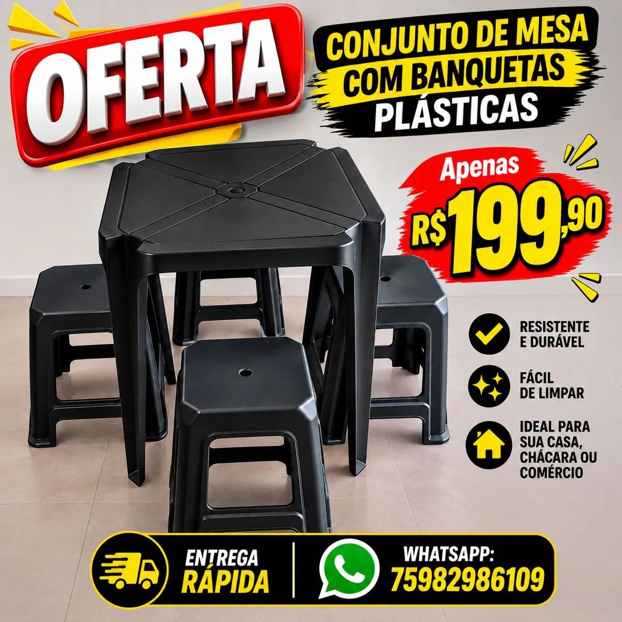 Conjunto de mesa com banquetas plásticas - Oferta 