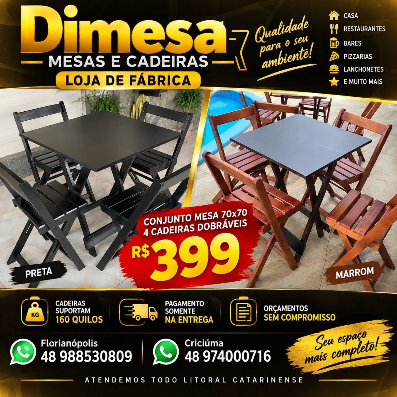 Mesa 70x70 com 4 cadeiras dobráveis pretas ou imbuia - Foto 2