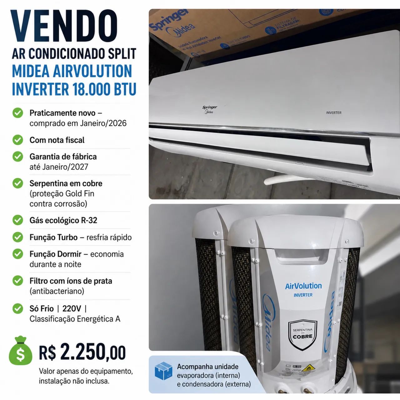 AR CONDICIONADO SPLIT MIDEA AIRVOLUTION INVERTER 18.000 BTUs