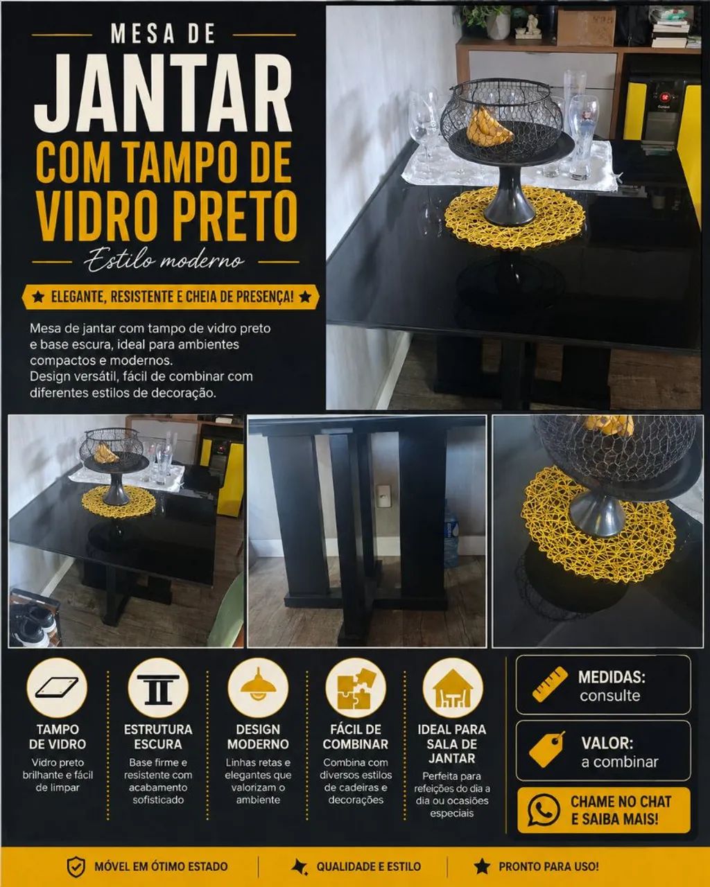 Mesa de jantar com tampo de vidro preto - Foto 5