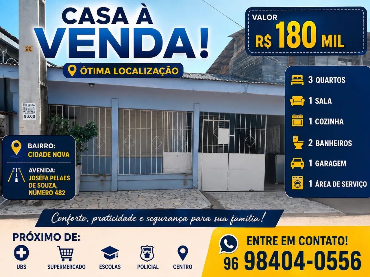 Casa com ótima localização: Escolas,Polícia,Supermercado,UBS,centro, Praça! 