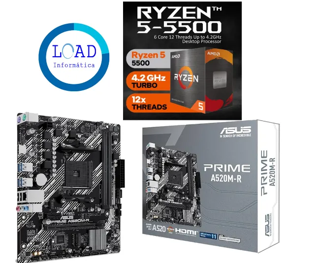 Kit Ryzen 5 5500 (com cooler original) + Placa-mãe A320M-K
