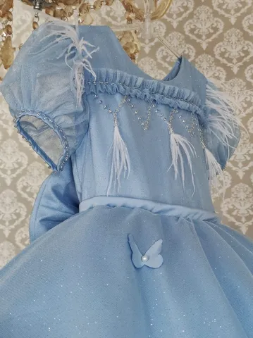 Kit Vestido festa infantil da Cinderela + saia de filó + Laço - Azul Claro