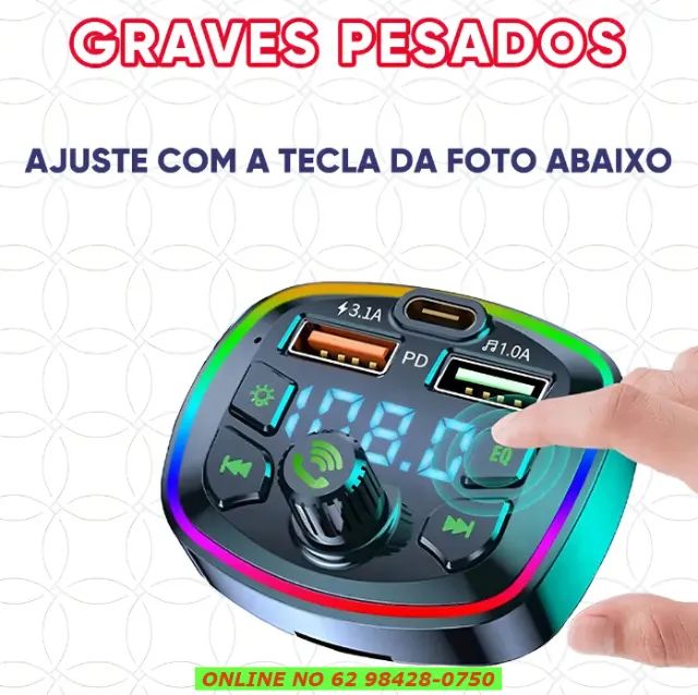 Adaptador Bluetooth Carro 5.1 Transmissor Fm Carregador 20w Veicular Com Porta Usb Tipo-c