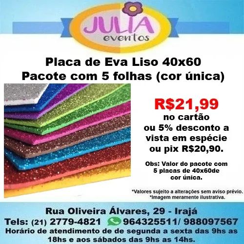 Placa de Eva Com Glitter 40x60 Pacote com 5 Placas (Cor única)