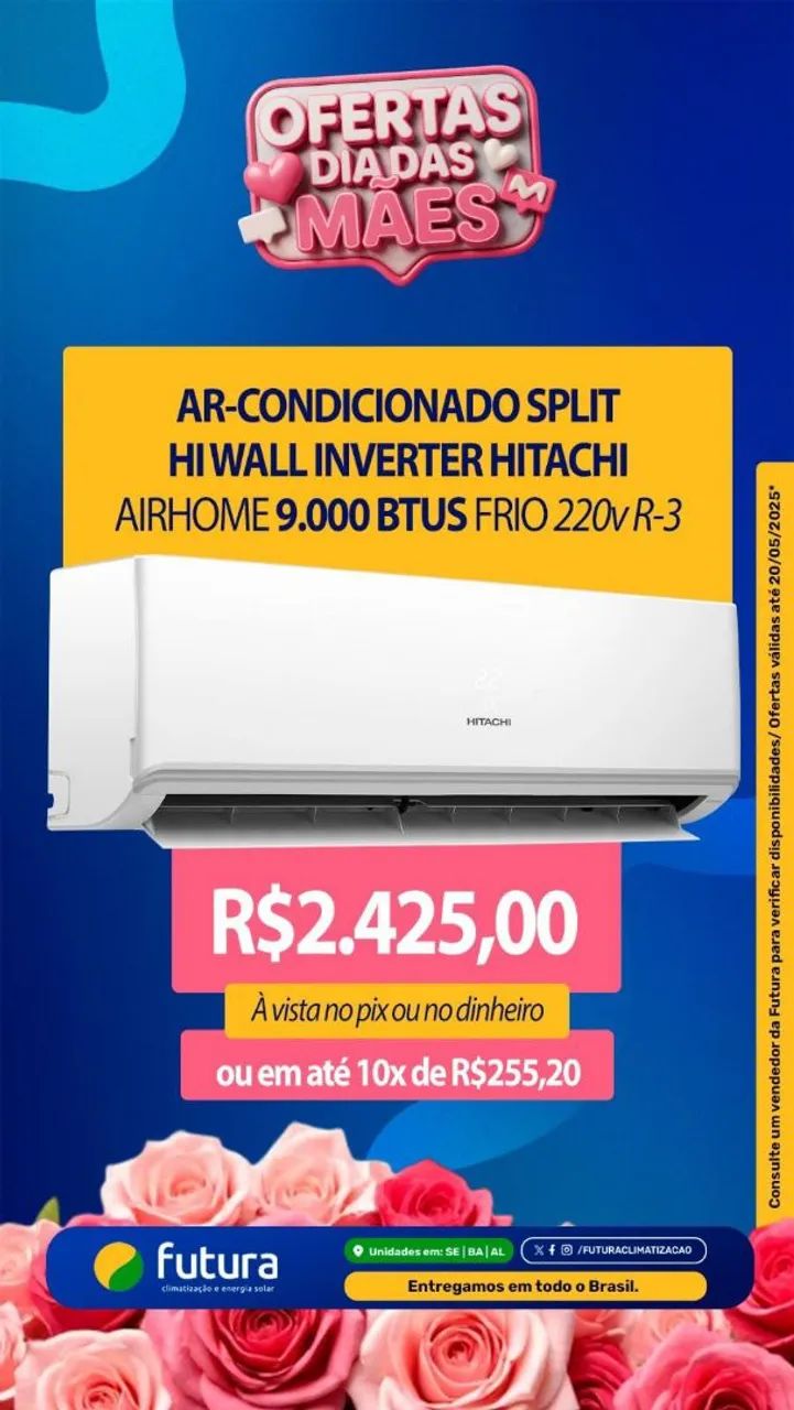 Ar Condicionado Split Hi Wall Inverter Hitachi Airhome 9.000 BTUs Frio 220v R-3