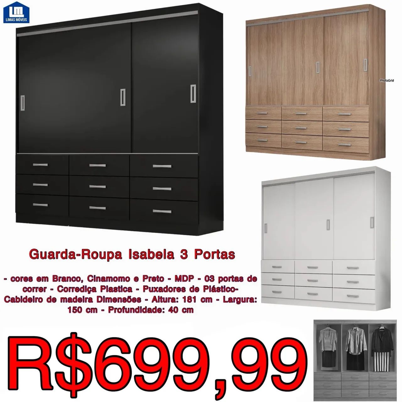 GUARDA ROUPA ISABELA 3 PORTAS 