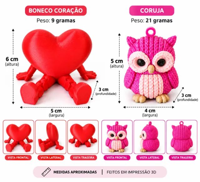 Kit 2 Bonecos Coração Articulados + Chaveiro Coruja com Argola Dourada - Foto 4