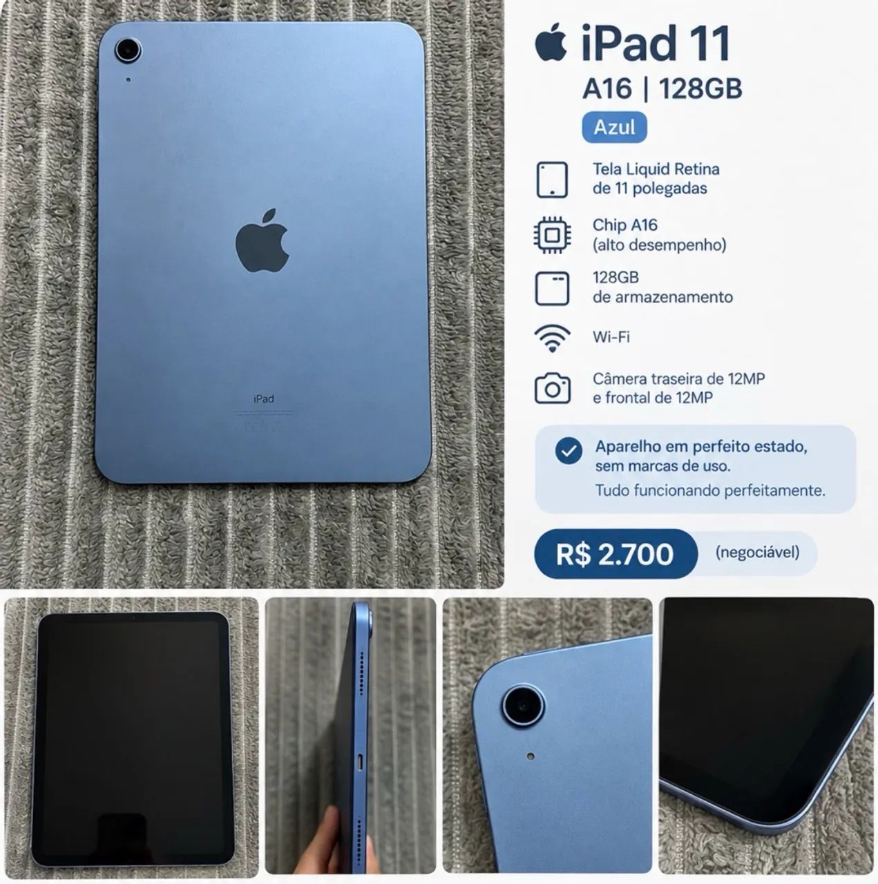 iPad A16 128GB Azul - Impecável