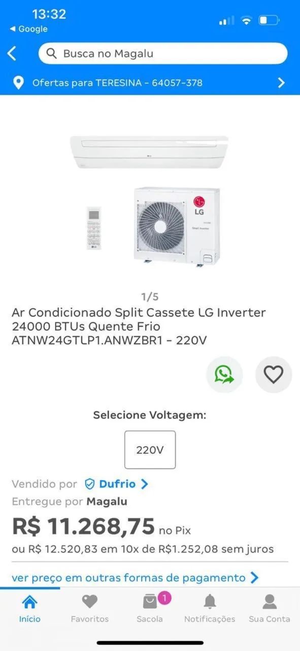 Ar Condicionado Slipt Cassete LG inverter 24.000BTU?s