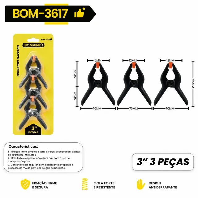 Grampo Multiuso 3 Polegadas BOMVINK BOM-3617 Kit 3 Peças Fixação Forte Profissional pode r