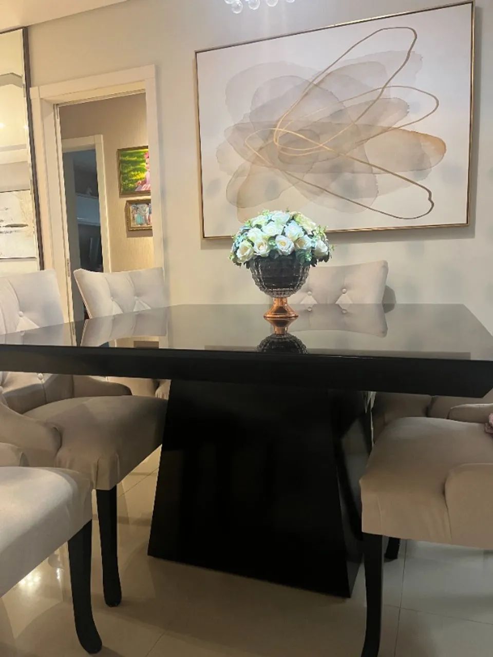 Mesa de Jantar  Quadrada Triângulo em Laca Preta para 6 lugares com as cadeiras inclusas  - Foto 3
