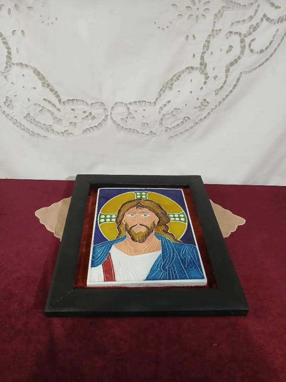 Antiga Quadro Com Placa Jesus Cerâmica Esmalta - Foto 4