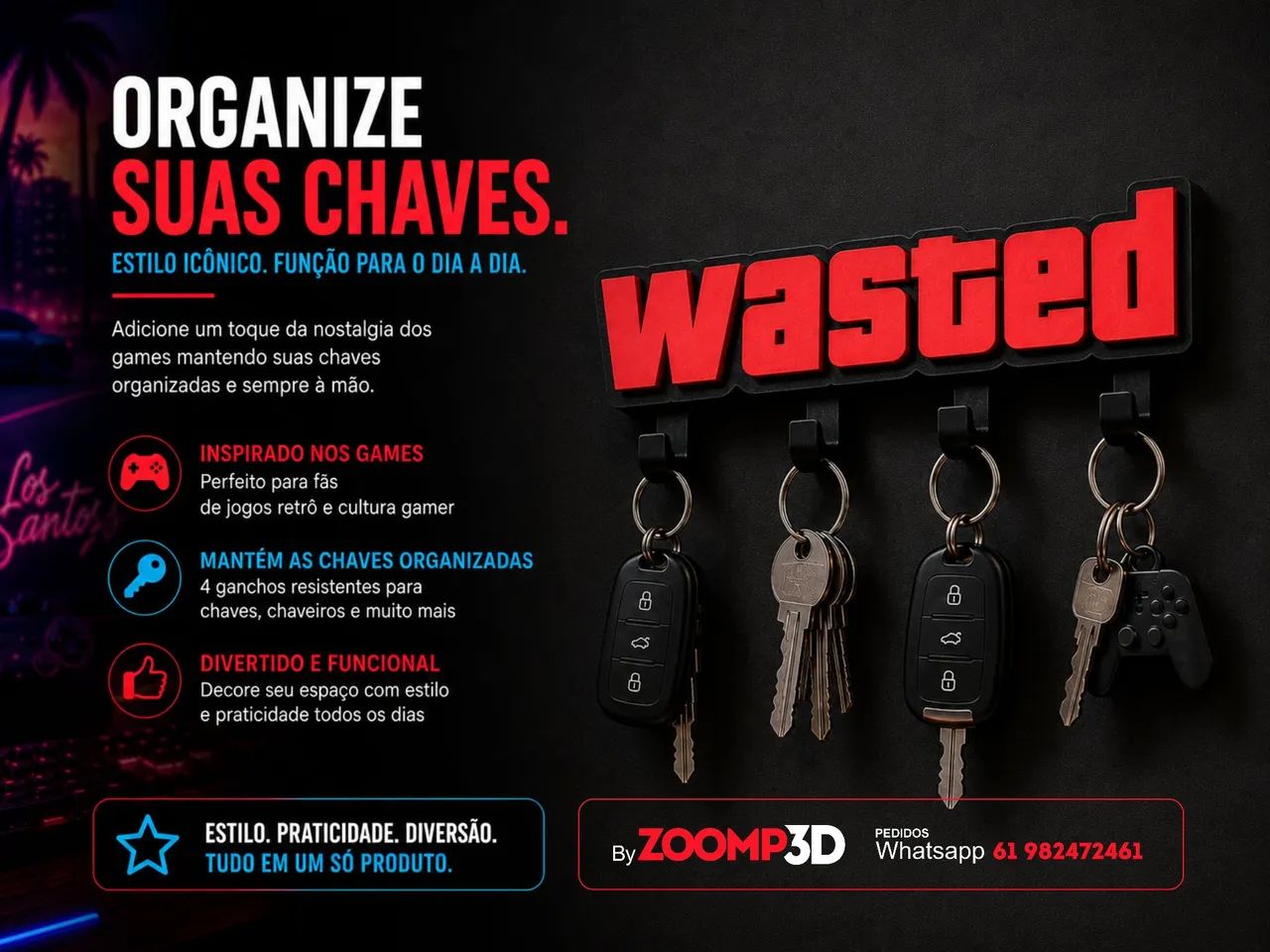 Porta Chaves WASTED Decorativo De Parede 4 GTA