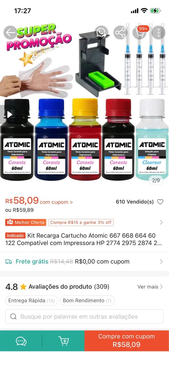 Hit recarga da impressora hp 667 