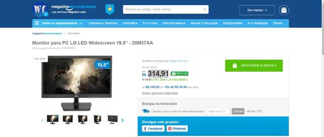Monitor LG para PC Widescreen 19,5 20M37AA
