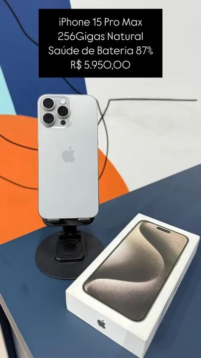 IPhone 15 Pro Max Titânio Natural 256Gigas Saude de bateria 87% R