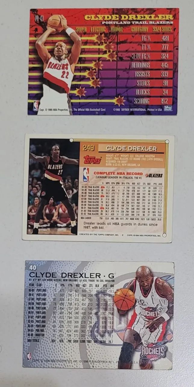 LOTE COM 5 Cards NBA Clyde Drexler - All Star, Portando Trail Blazers, Houston Rockets - Foto 5