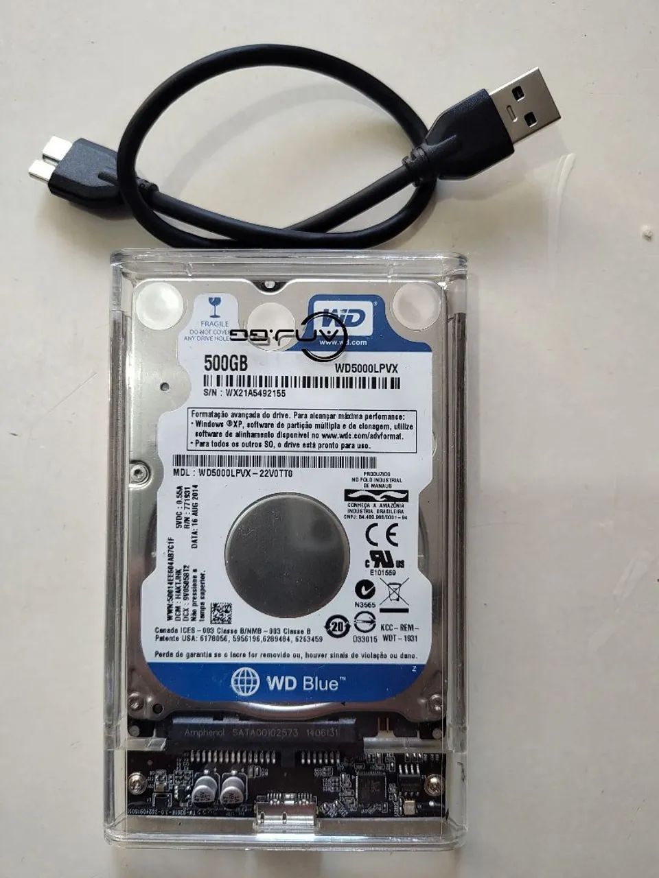 HD Externo WD Blue 500GB + case + cabo USB 3.0