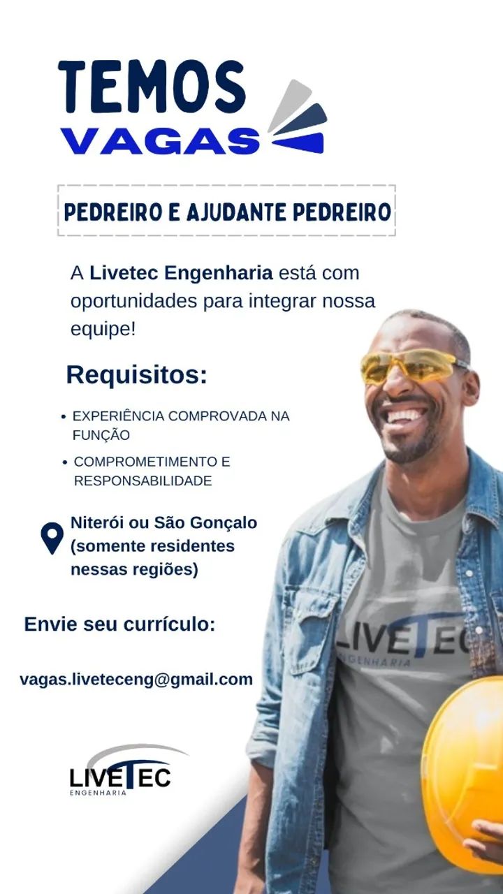 VAGA ABERTA - PEDREIRO E AJUDANTE DE PEDREIRO 