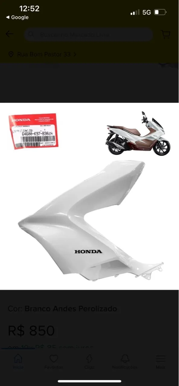 Carenagem Lateral Esquerda Honda PCX Branco Perolizado