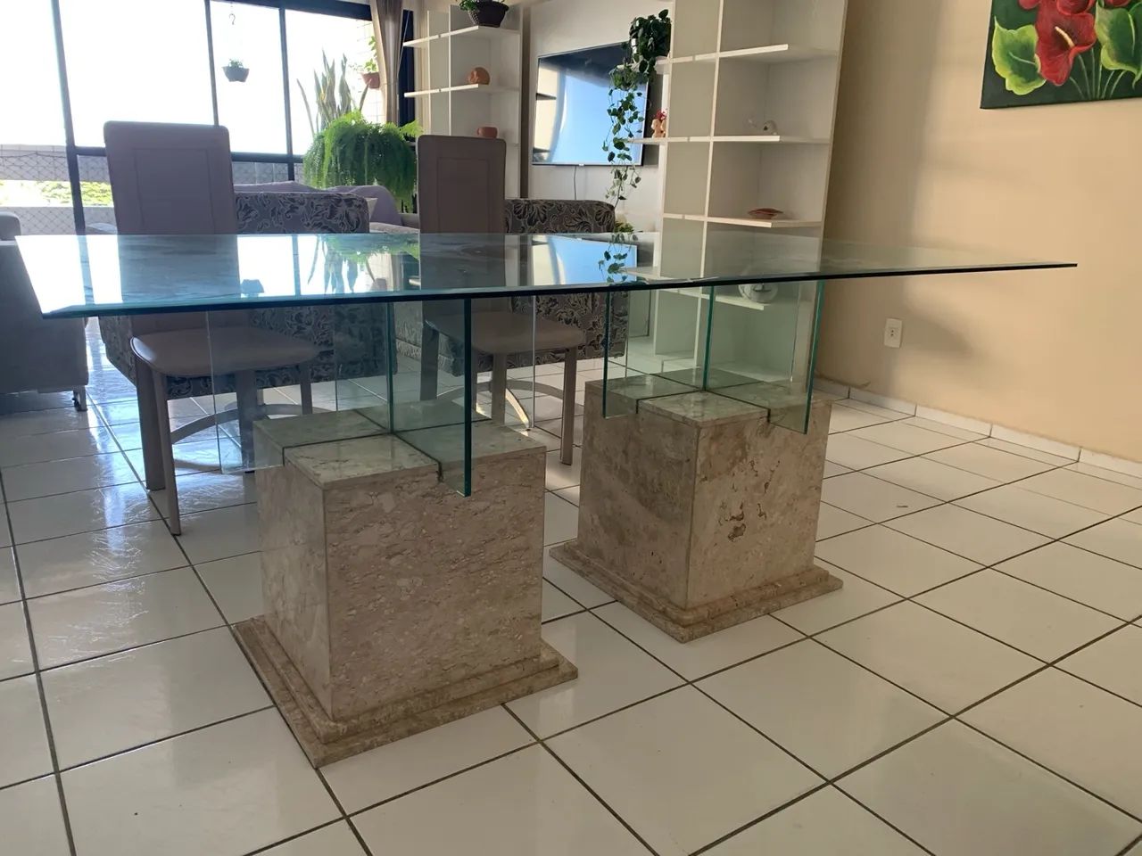 Mesa de Jantar de Vidro com Base de Pedra - Foto 4
