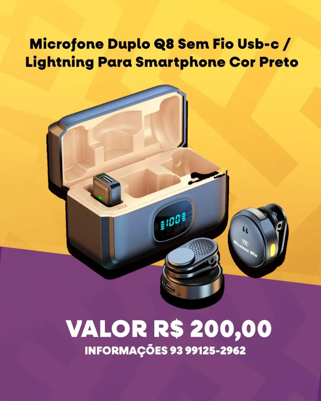 Microfone Duplo Q8 Sem Fio USB-C/Lightning