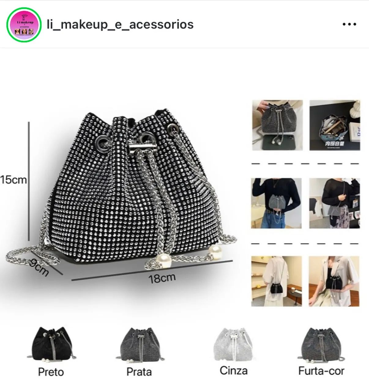 Bolsa transversal preta com strass.