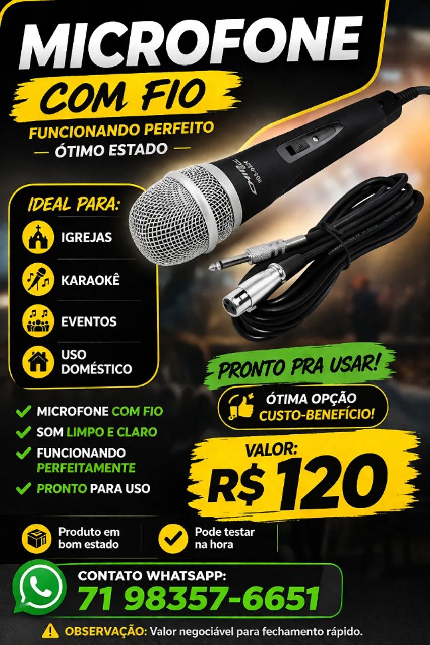 Microfone com Fio - Funcionando Perfeito - Ótimo Estado