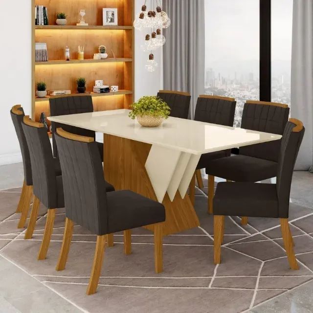 Mesa de Jantar Completa com Tampo de Vidro (8 Lugares)