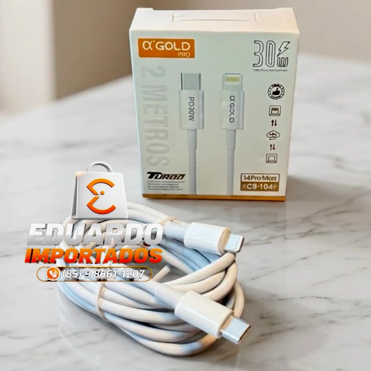 Cabo PD Fast Charge 30W USB-C Tipo-C / Lightning iPhone, A'Gold PRO 2 Metros