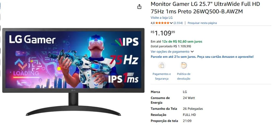 Monitor UltraWide LG 26" 75Hz - Foto 4