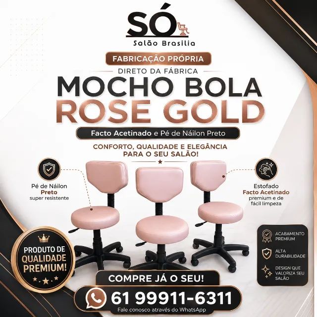 Mocho Bola Rose Gold para Salão com Encosto e Base de Nylon