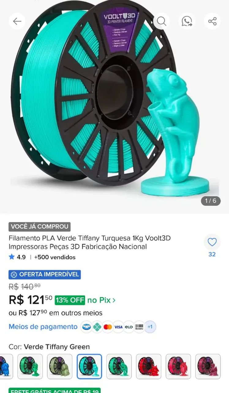 Filamento PLA impressora 3d  850g Voolt