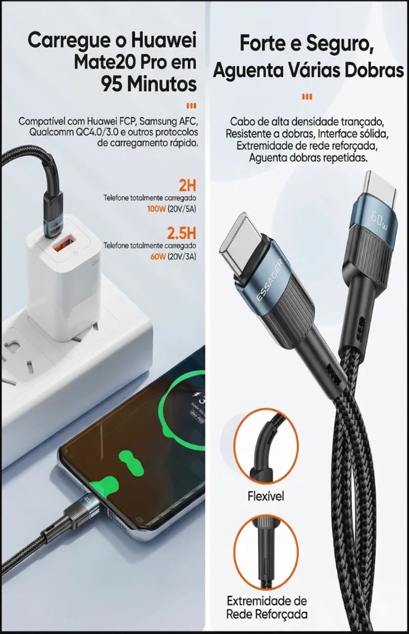 Cabo USB-C Essager 60W PD 1m Carregamento Rápido Tipo C iPhone 15 16 Android Nylon Reforça - Foto 6