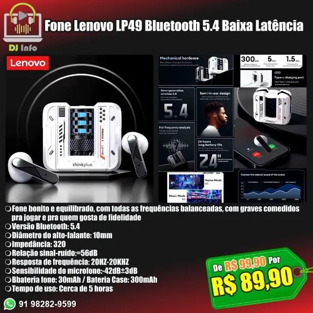 Fone Lenovo LP49 Bluetooth 5.4 Baixa Latência