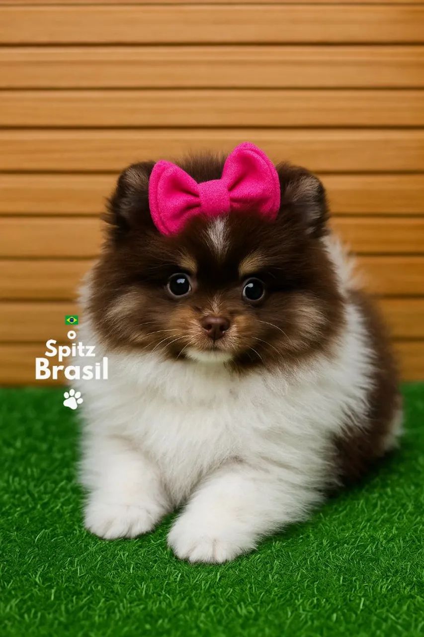 Filhote de Spitz Alemão - Fêmea, 90 dias, tricolor de chocolate, 2 doses de vacina.