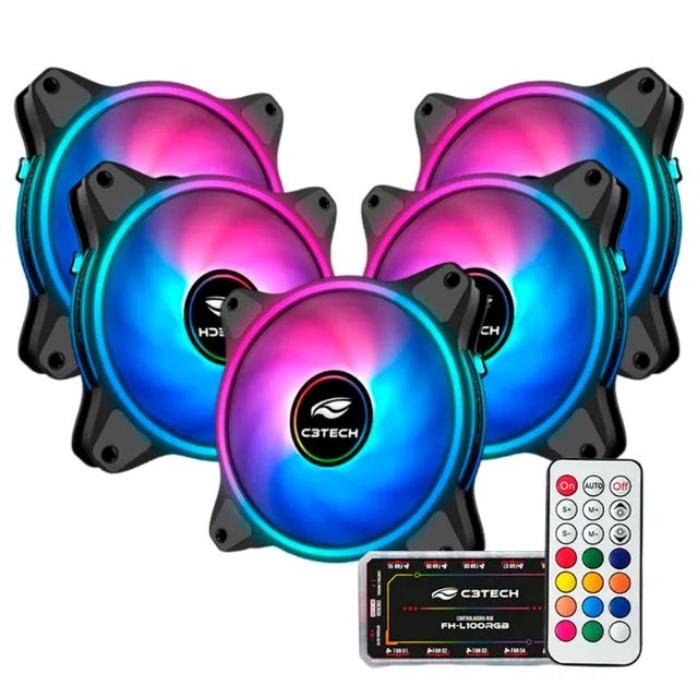 Kit 5 Cooler Fan 120mm C3Tech C110F250 com Controladora e Controle ARGB 3P 5V - WZetta