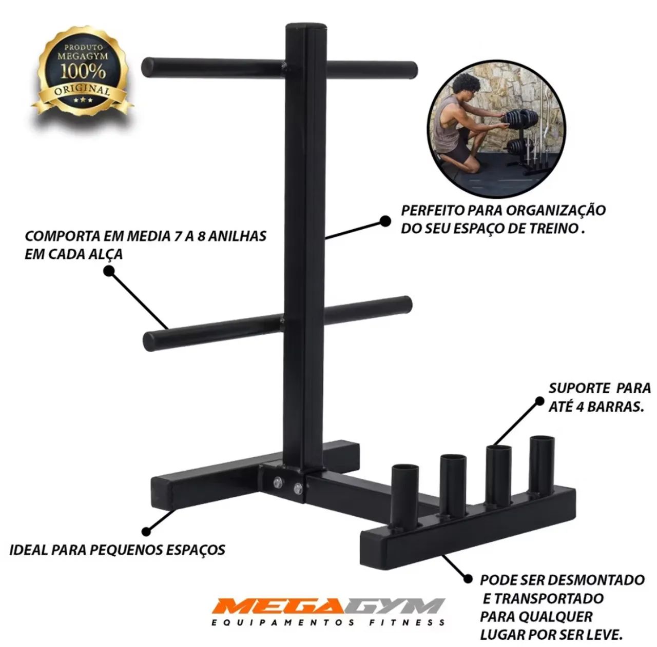 Suporte Organizador Profissional P/ Barras E 300kg Anilhas MegaGym - Foto 3