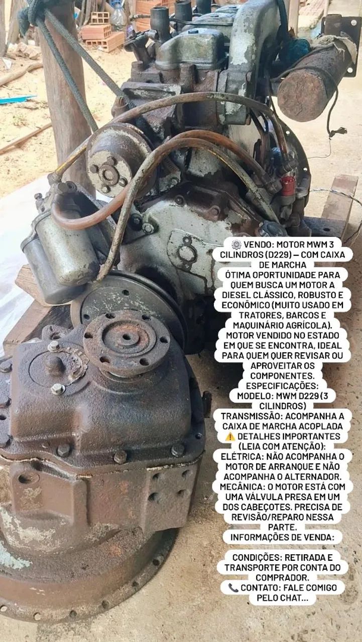 VENDO: Motor MWM 3 Cilindros (D229)  Com Caixa de Marcha