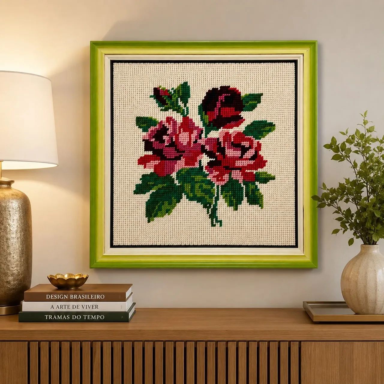 Quadro artesanal bordado à mão - Rosas - Foto 2