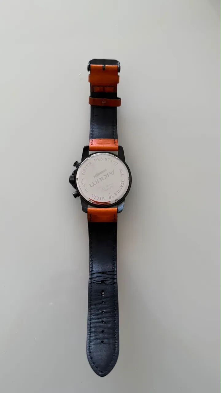 Relógio Masculino Akium - Caixa Preta e Pulseira de Couro Laranja - Foto 2