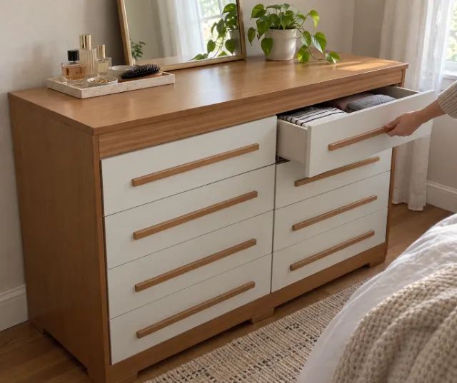 >NOVA< Cômoda com 8 Gavetas Branca e Amadeirada