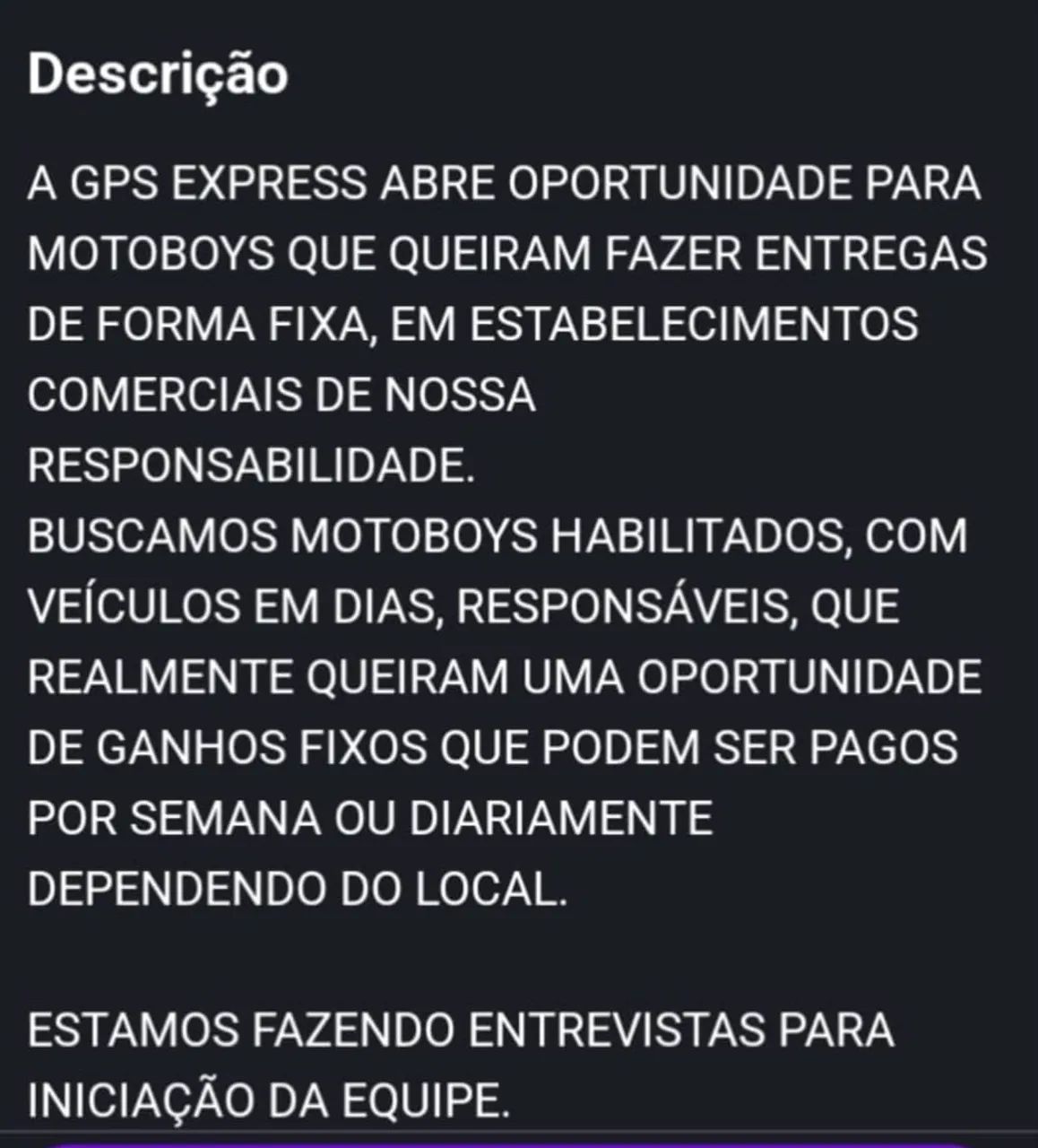 Vaga motoboy fixo em pizzaria
