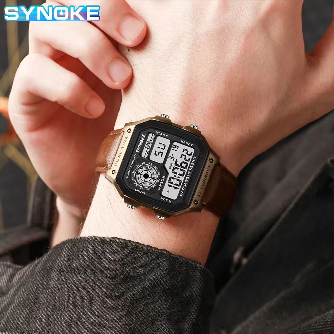  Relógio esportivo masculino SYNOKE com pulseira de couro digital - Foto 3