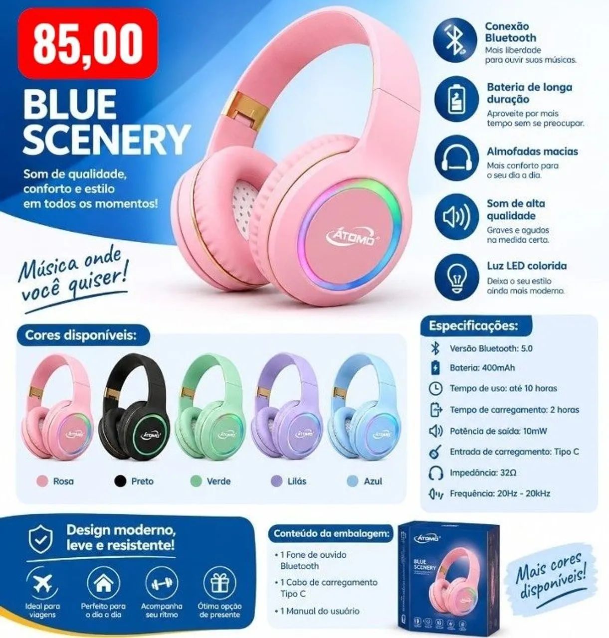 Fone de ouvido Bluetooth 