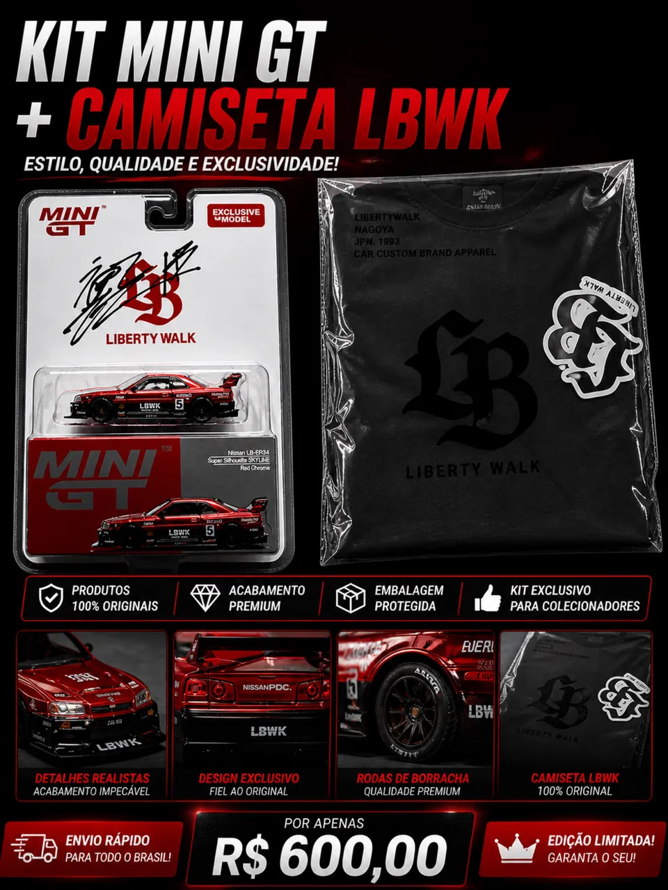 Mini GT Nissan LB-ER34 Super Sihouette Skyline Midnight Brasil +