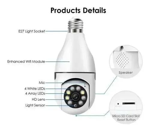 Lâmpada câmera de segurança Wi-Fi giratória visao noturna