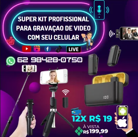 Kit Para Gravar Videos Profissional Microfone de Lapela e Mini Tripe 3 in1