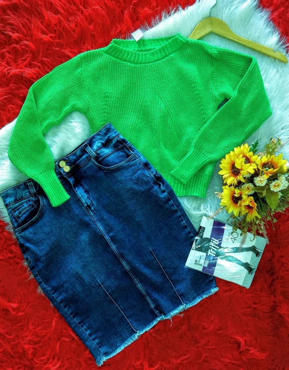 saia molejeans e blusa tricot